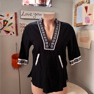 VENUS Black V-Neck Embroidered Tunic with White Trim